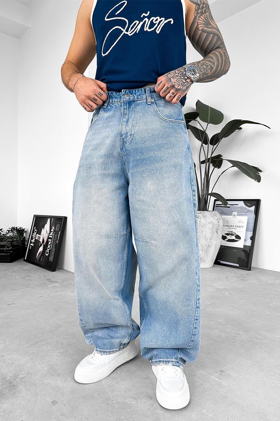 Eskitme Buz Mavi Patch Detay Ekstra Bol Baggy Pantolon