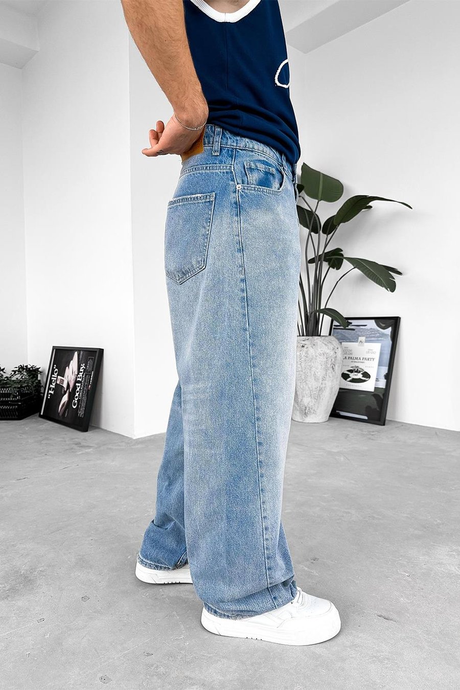 Eskitme Buz Mavi Patch Detay Ekstra Bol Baggy Pantolon