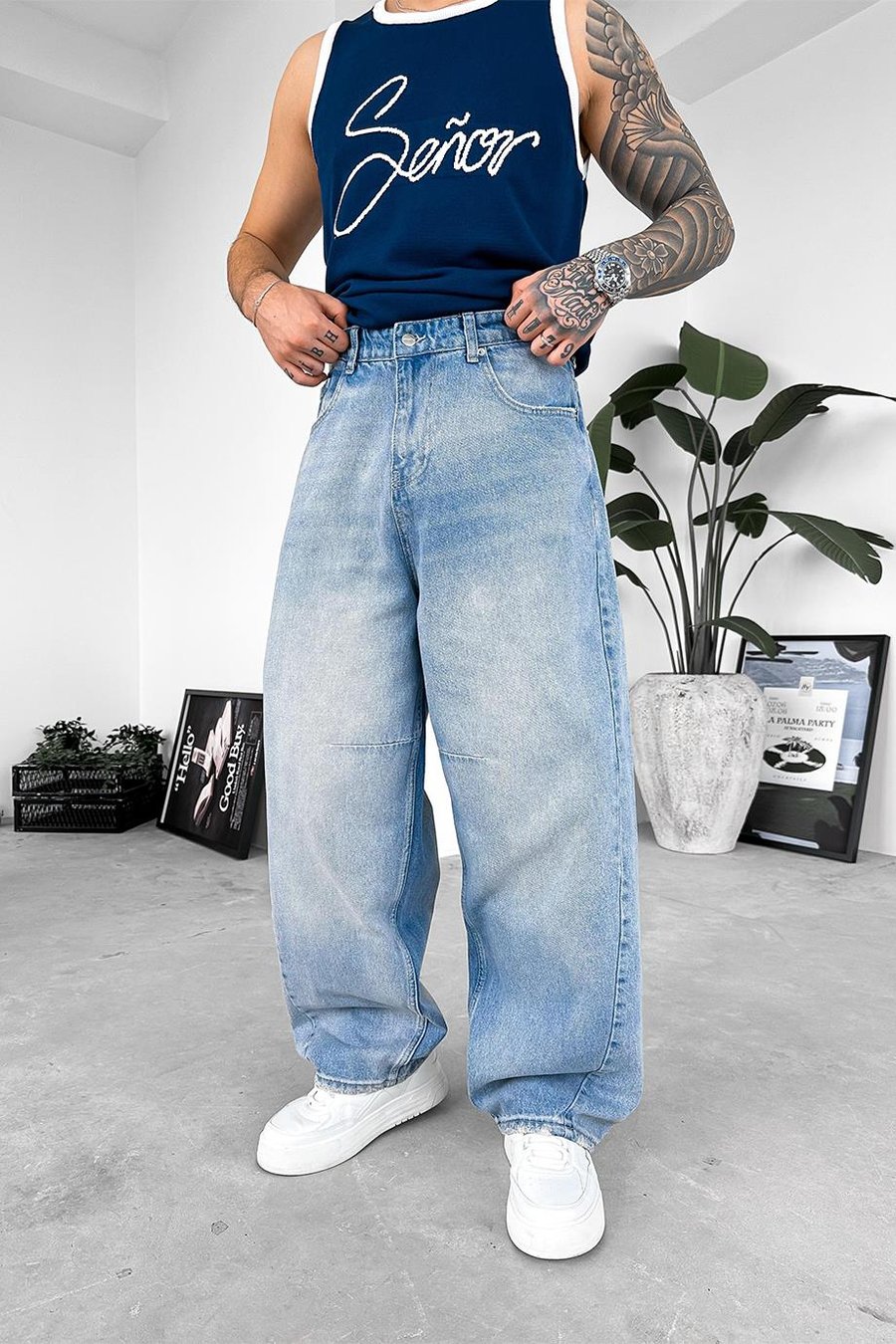 Eskitme Buz Mavi Patch Detay Ekstra Bol Baggy Pantolon