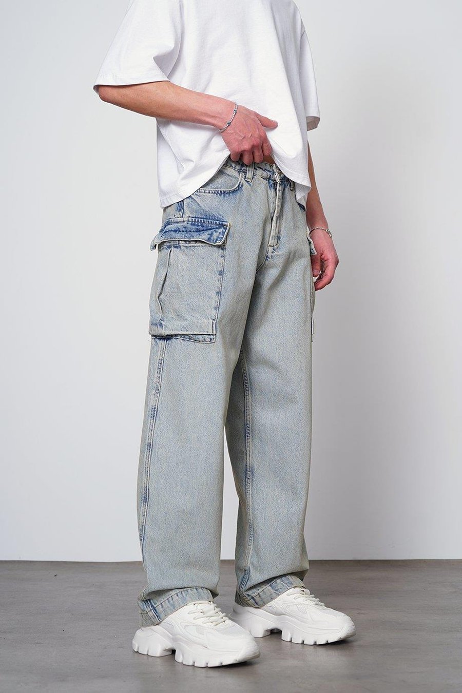 Eskitme Buz Mavi Siyah Kargo Cepli Z7 GD Baggy Pantolon