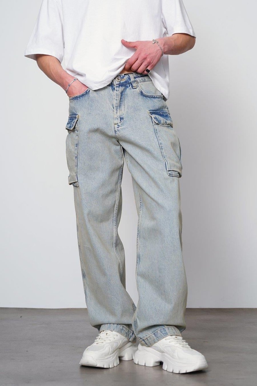 Eskitme Buz Mavi Siyah Kargo Cepli Z7 GD Baggy Pantolon