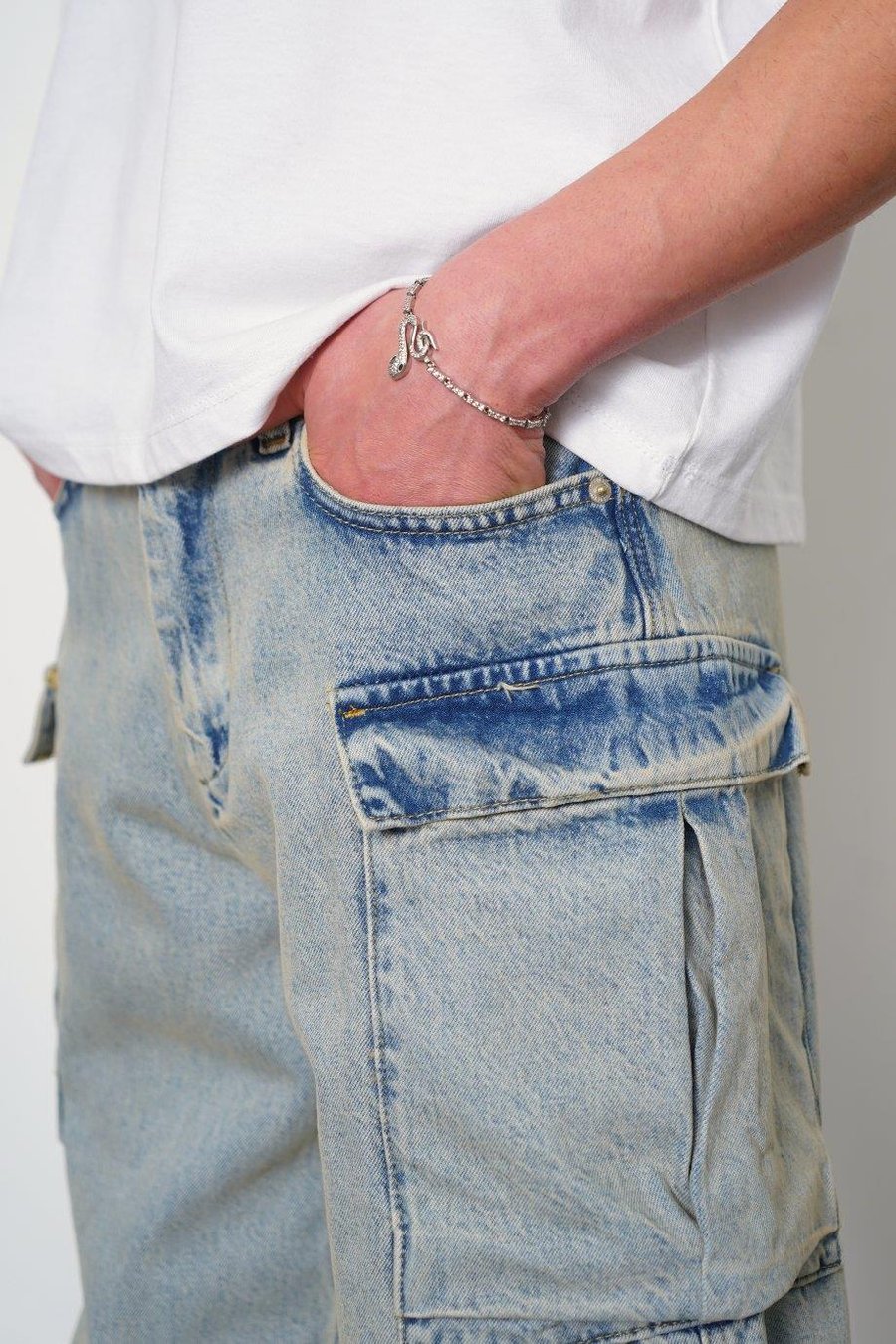 Eskitme Buz Mavi Siyah Kargo Cepli Z7 GD Baggy Pantolon