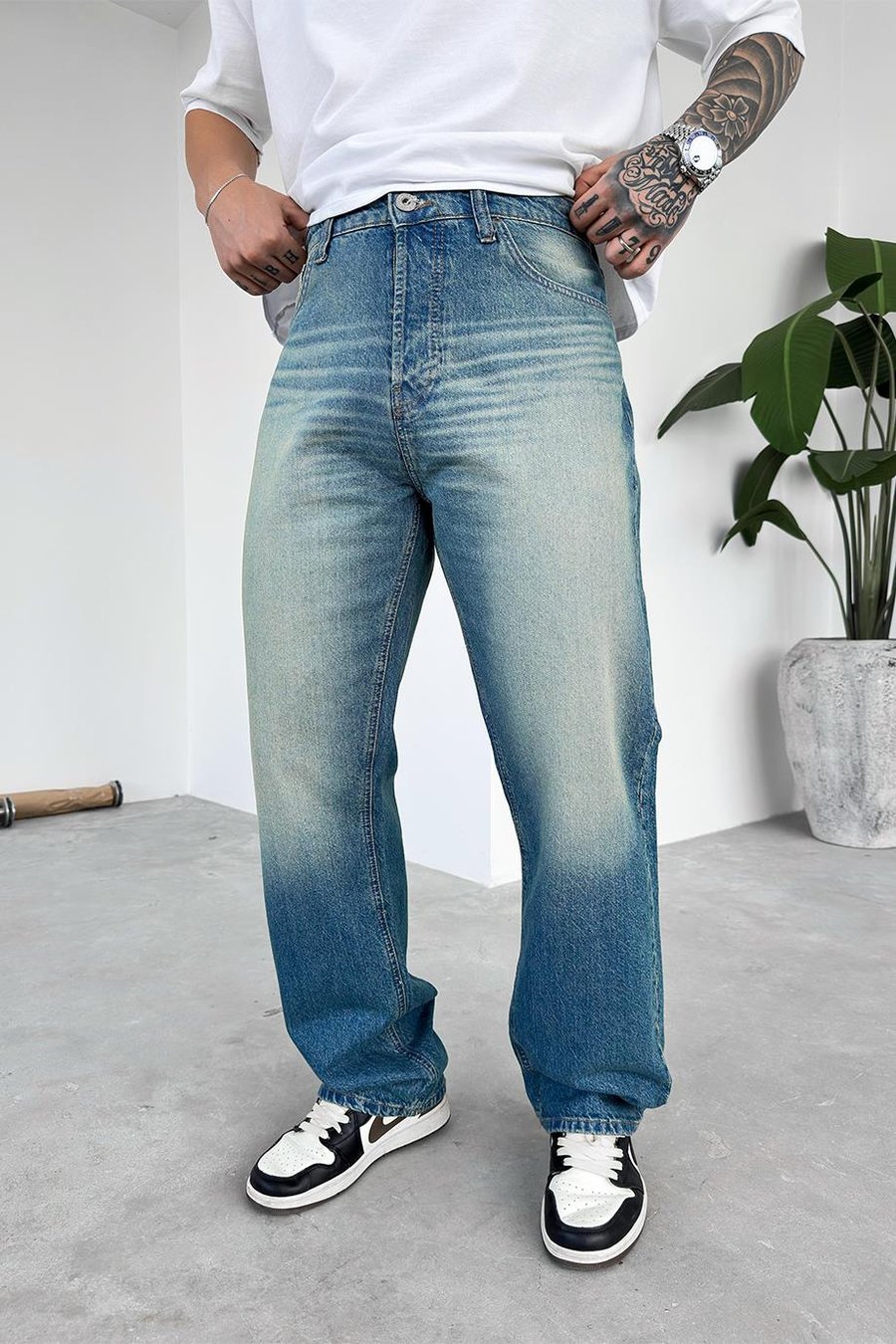 Eskitme Mavi Basic Baggy Pantolon