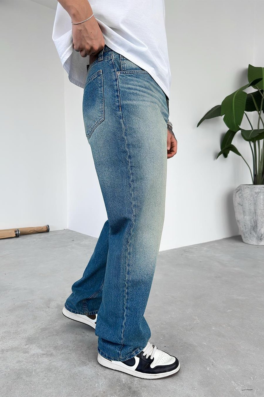 Eskitme Mavi Basic Baggy Pantolon