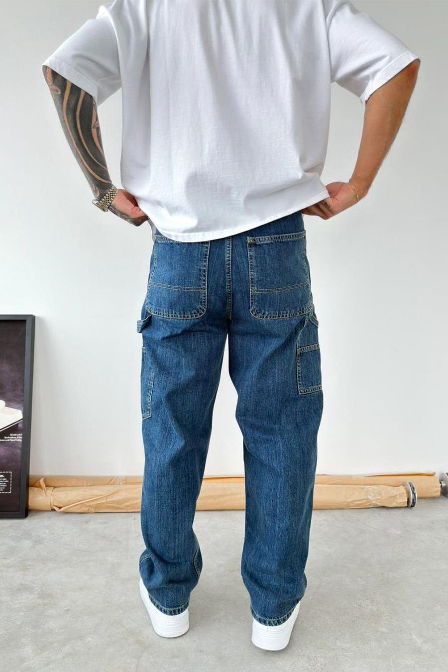 Eskitme Mavi Patch Tasarım Detaylı Ekstra Bol Baggy Pantolon