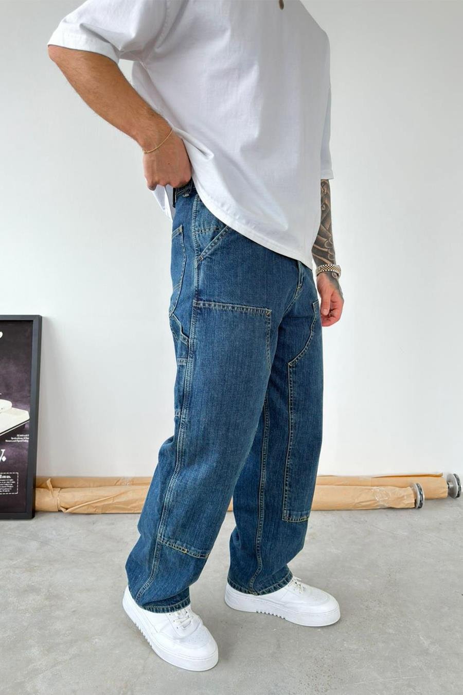 Eskitme Mavi Patch Tasarım Detaylı Ekstra Bol Baggy Pantolon