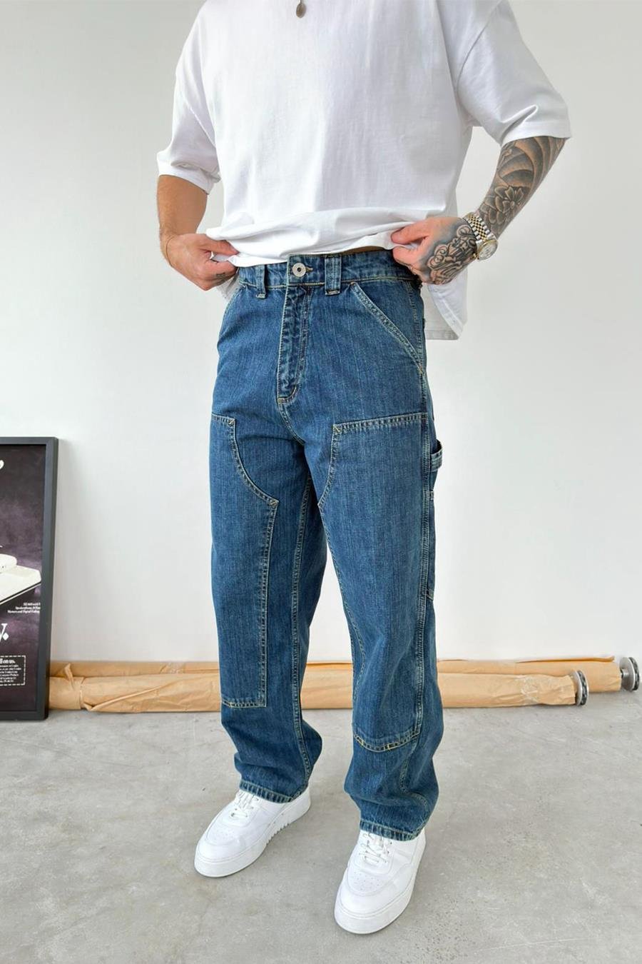 Eskitme Mavi Patch Tasarım Detaylı Ekstra Bol Baggy Pantolon