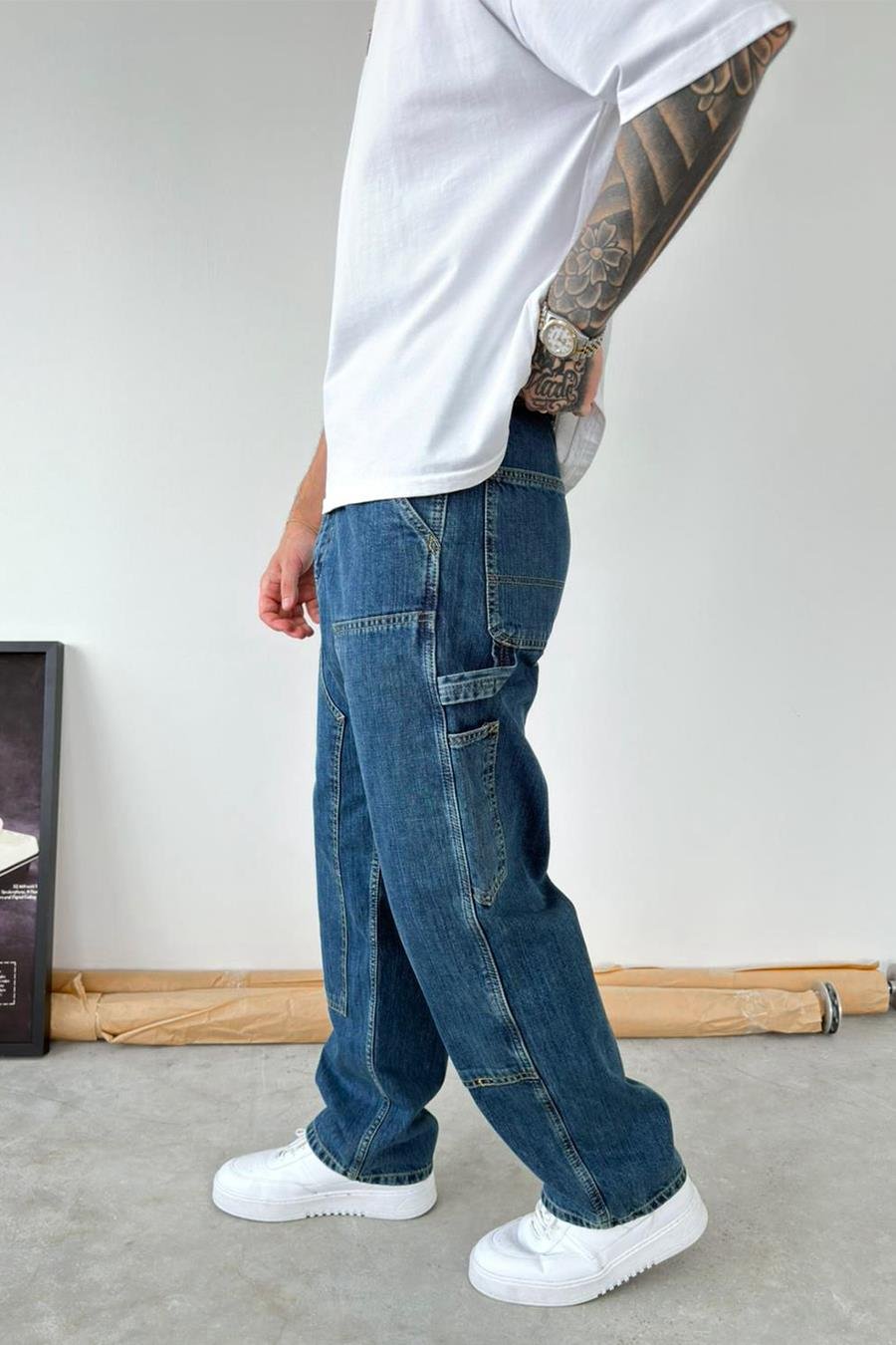 Eskitme Mavi Patch Tasarım Detaylı Ekstra Bol Baggy Pantolon