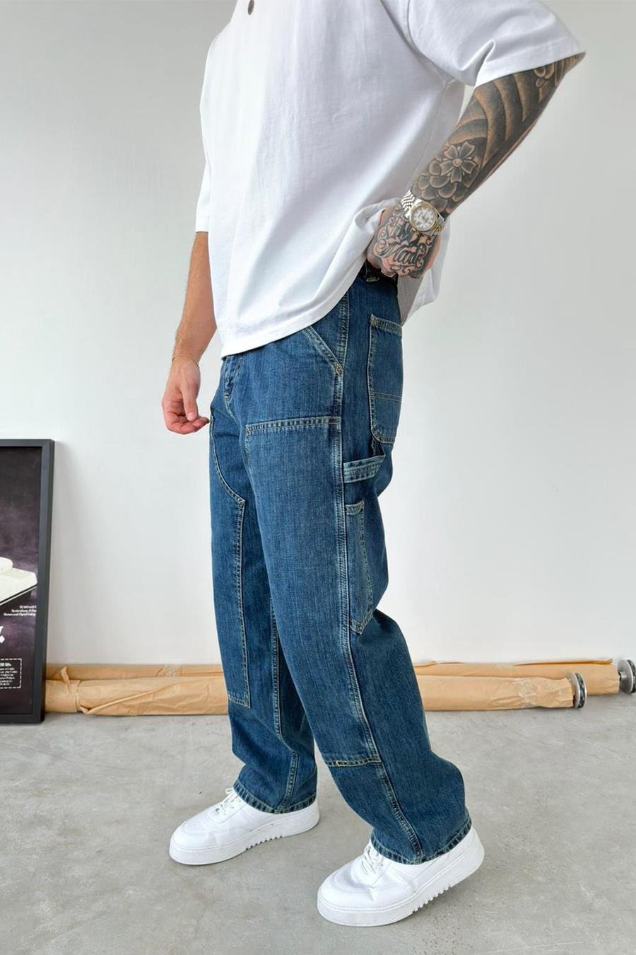Eskitme Mavi Patch Tasarım Detaylı Ekstra Bol Baggy Pantolon
