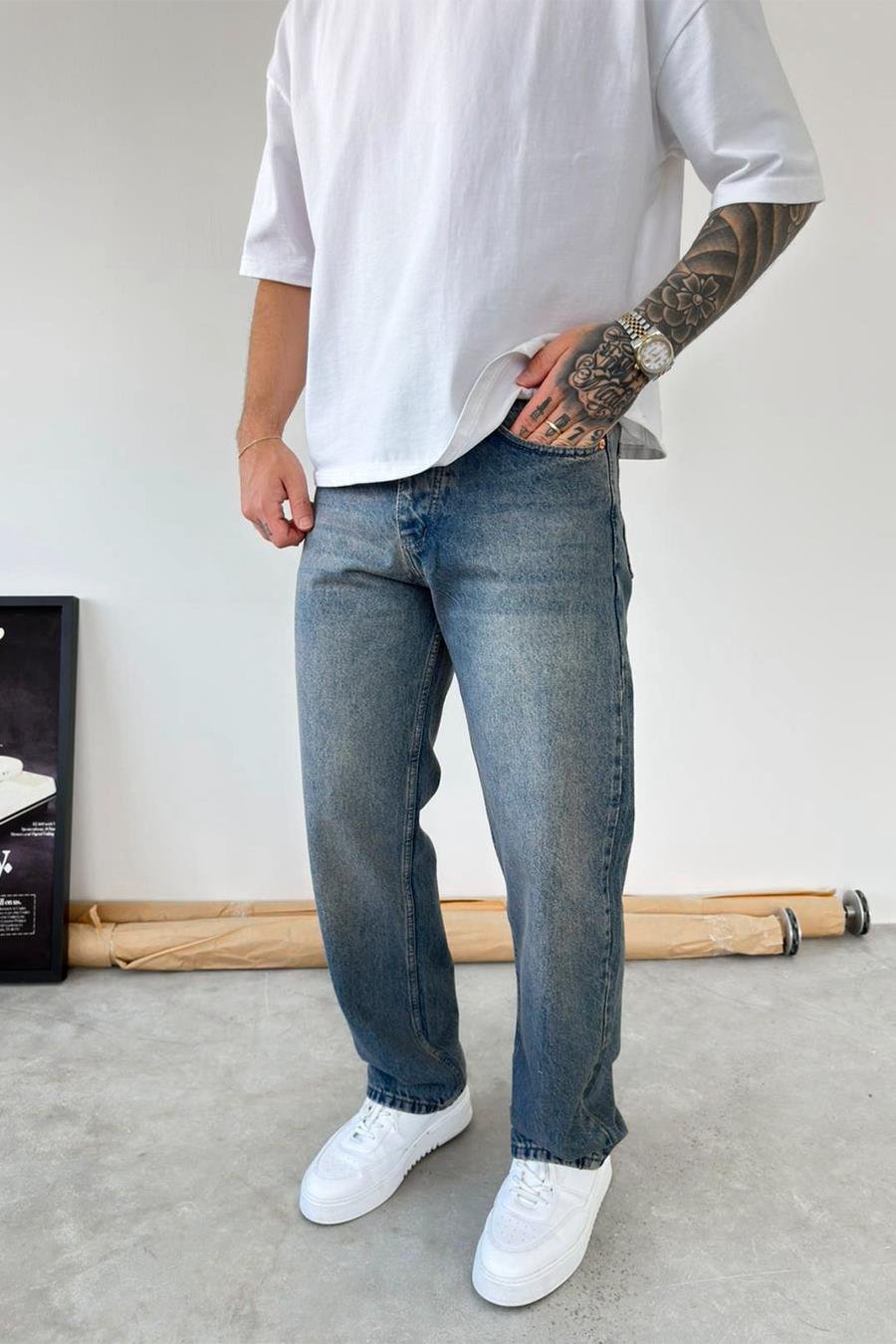 Eskitme Mavi Soft Degrade Baggy Pantolon