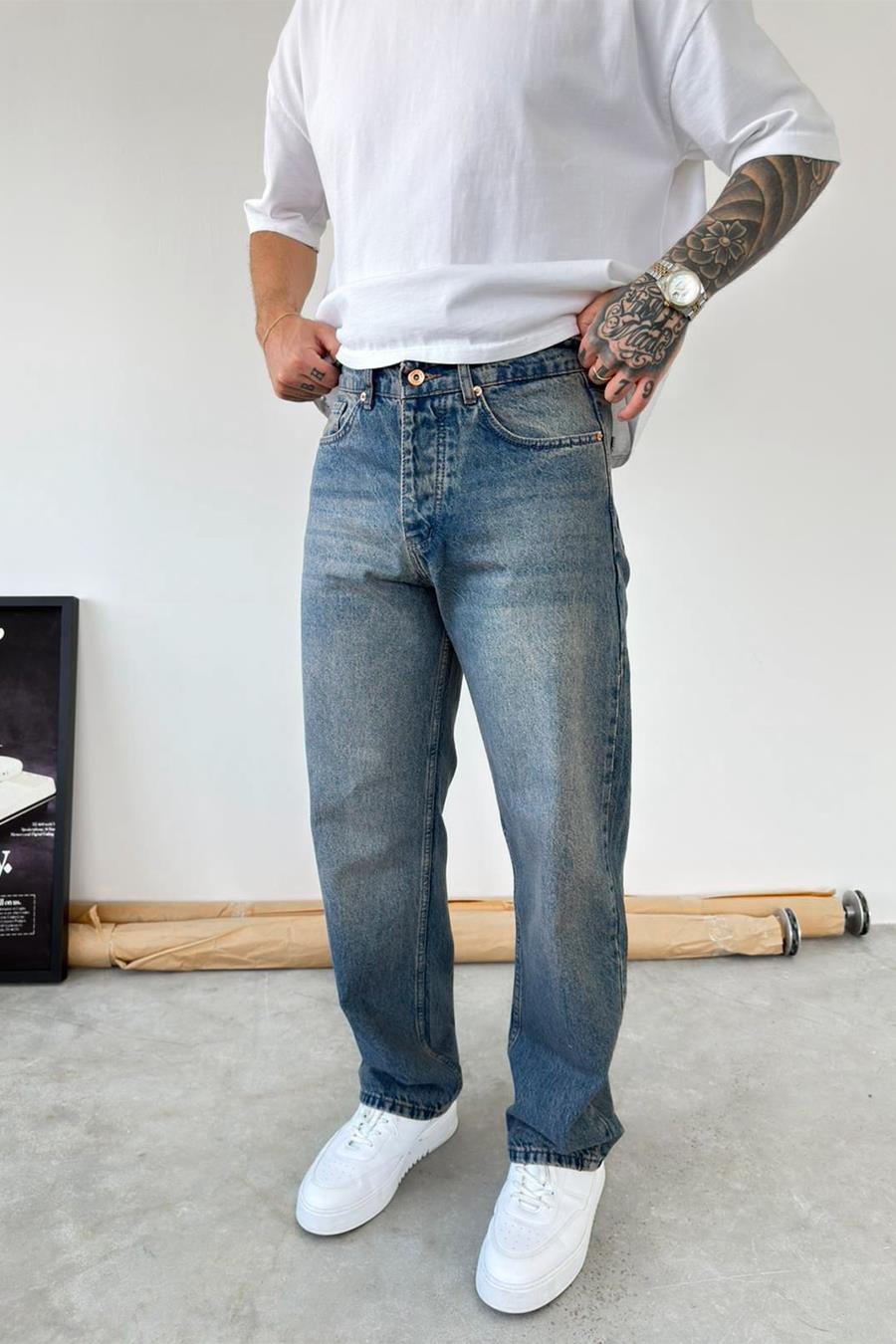 Eskitme Mavi Soft Degrade Baggy Pantolon