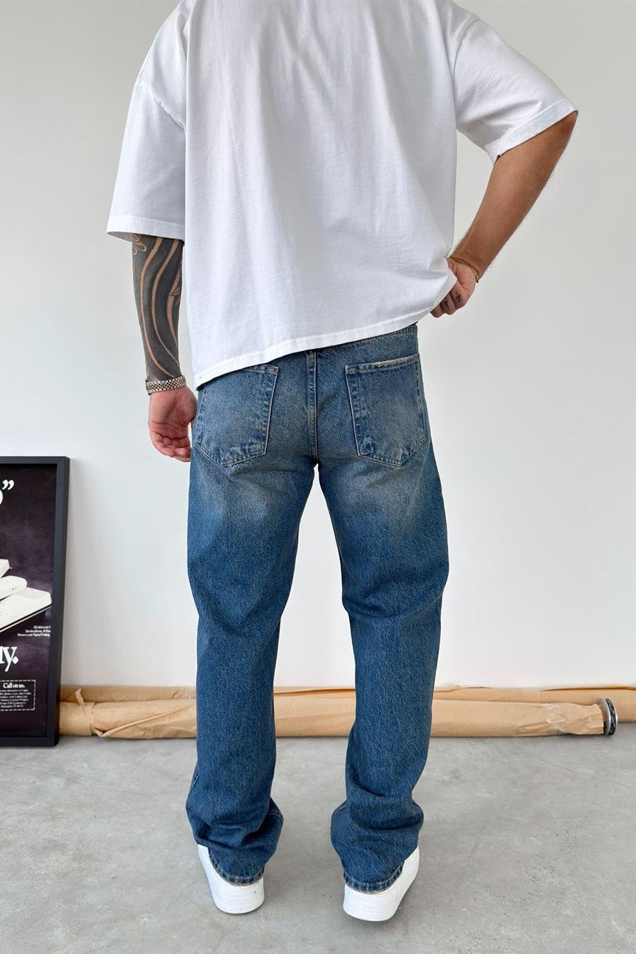 Eskitme Mavi Soft Degrade Yırtıklı Baggy Pantolon