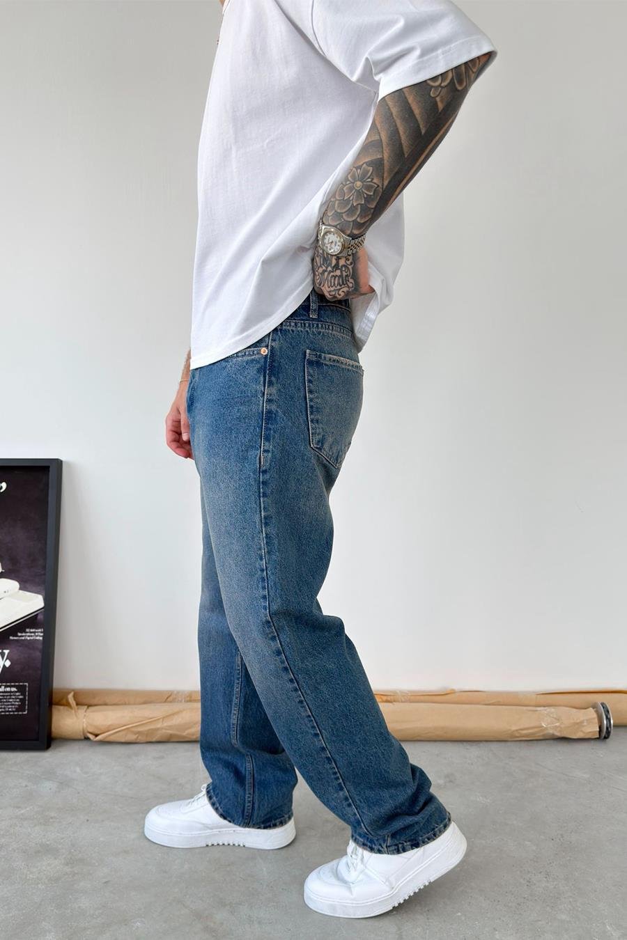 Eskitme Mavi Soft Degrade Yırtıklı Baggy Pantolon