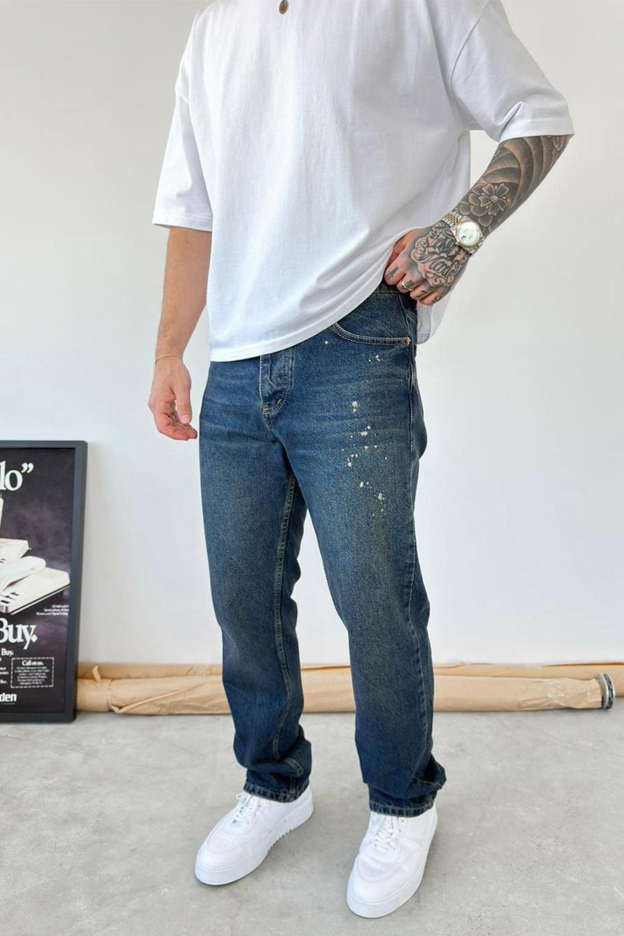 Eskitme Mavi Splash Baggy Pantolon