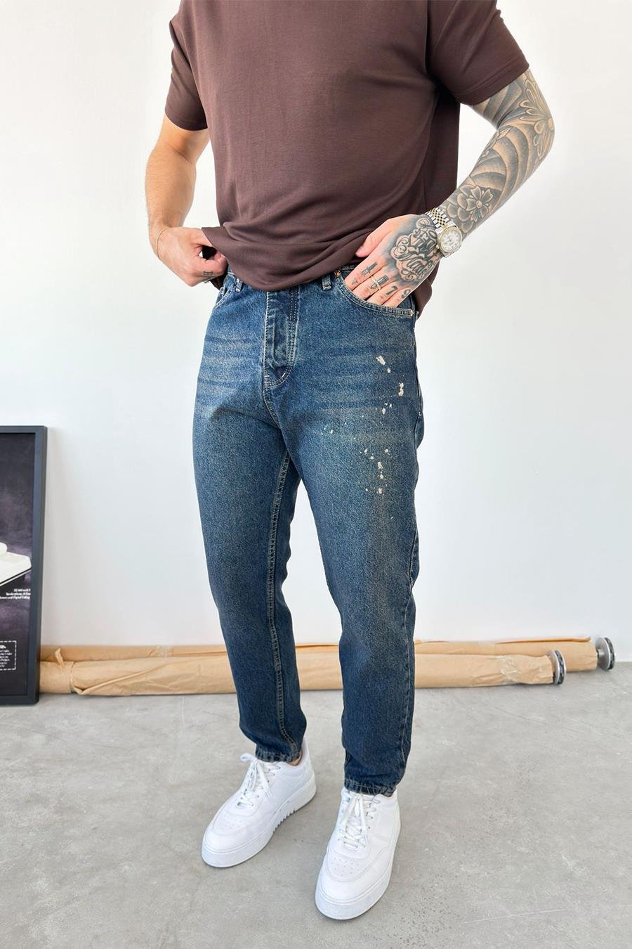 Eskitme Mavi Splash Boyfriend Pantolon