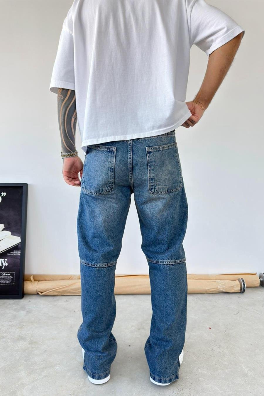 Eskitme Mavi Tasarım Paça Fermuar Detay Baggy Pantolon