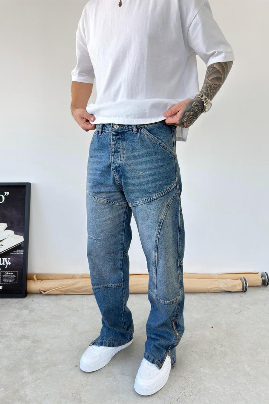 Eskitme Mavi Tasarım Paça Fermuar Detay Baggy Pantolon