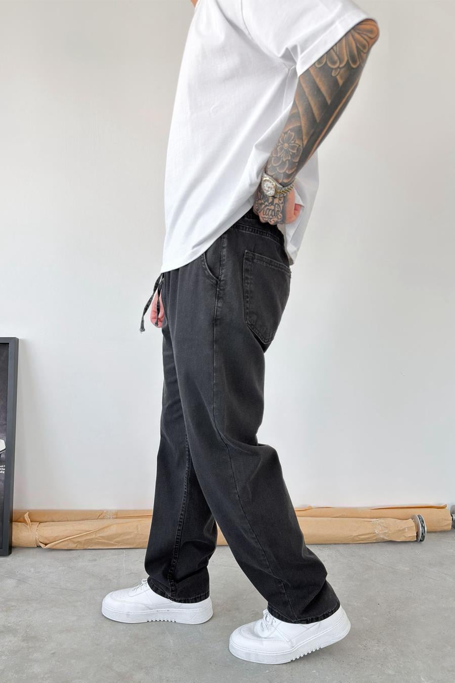 Füme Beli Lastikli Baggy Pantolon