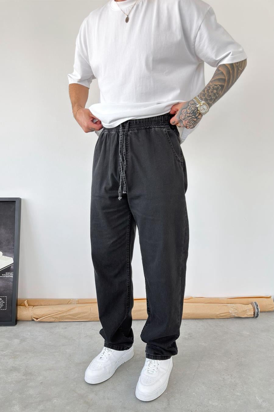 Füme Beli Lastikli Baggy Pantolon