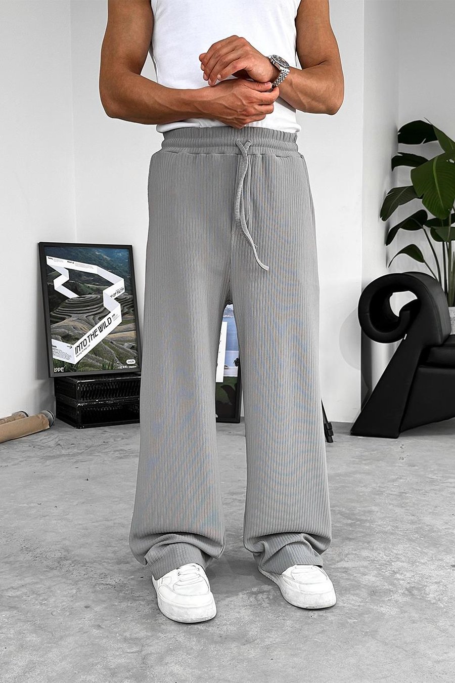 Füme Likralı Fitilli Baggy Pantolon