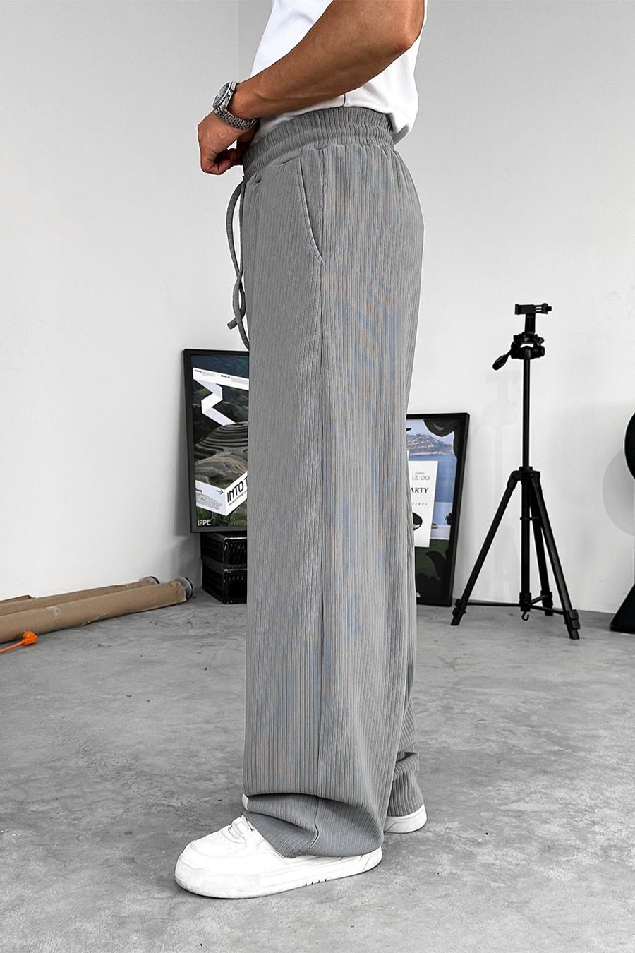 Füme Likralı Fitilli Baggy Pantolon