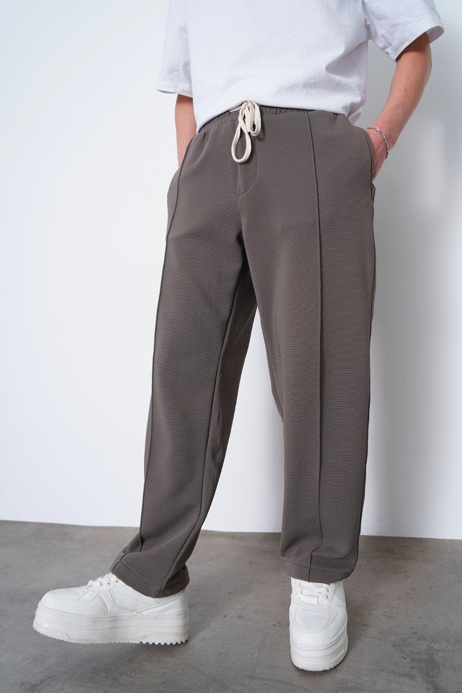 Füme Pileli Beli Lastikli Likralı 001 CH Relaxed Pantolon