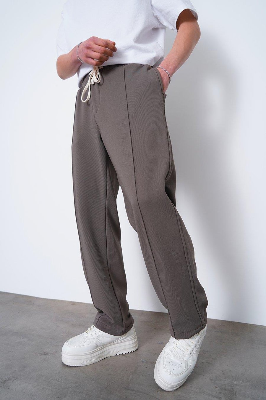 Füme Pileli Beli Lastikli Likralı 001 CH Relaxed Pantolon