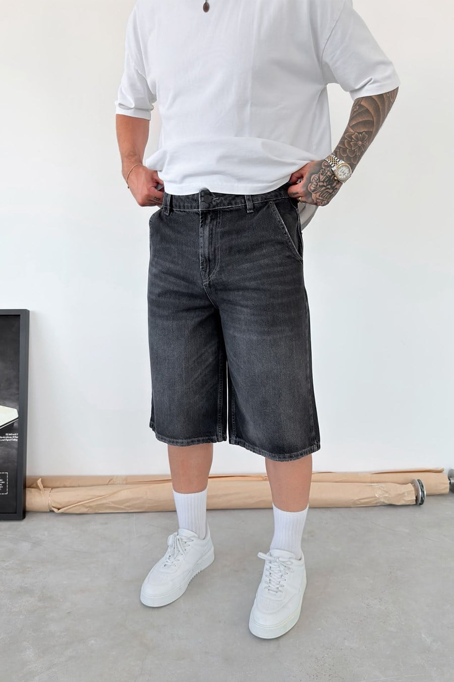 Füme Skater Fit Yıkamalı Bermuda Kot Şort