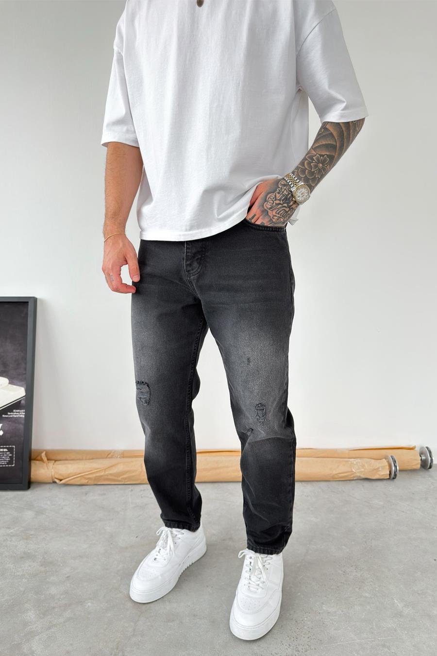 Füme Soft Degrade Yırtıklı Boyfriend Pantolon