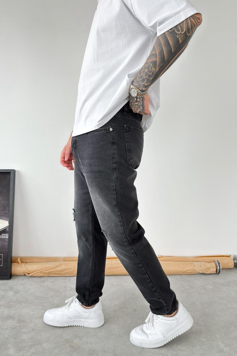 Füme Soft Degrade Yırtıklı Boyfriend Pantolon