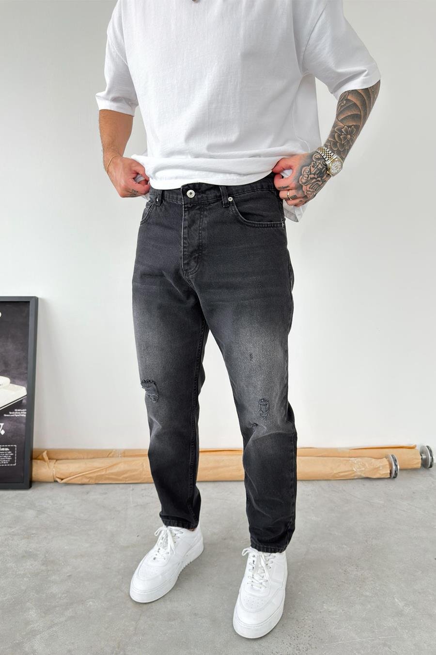 Füme Soft Degrade Yırtıklı Boyfriend Pantolon