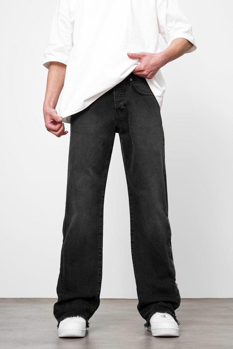 Füme Yarım Fermuar Yırtık Paça GD Baggy Pantolon