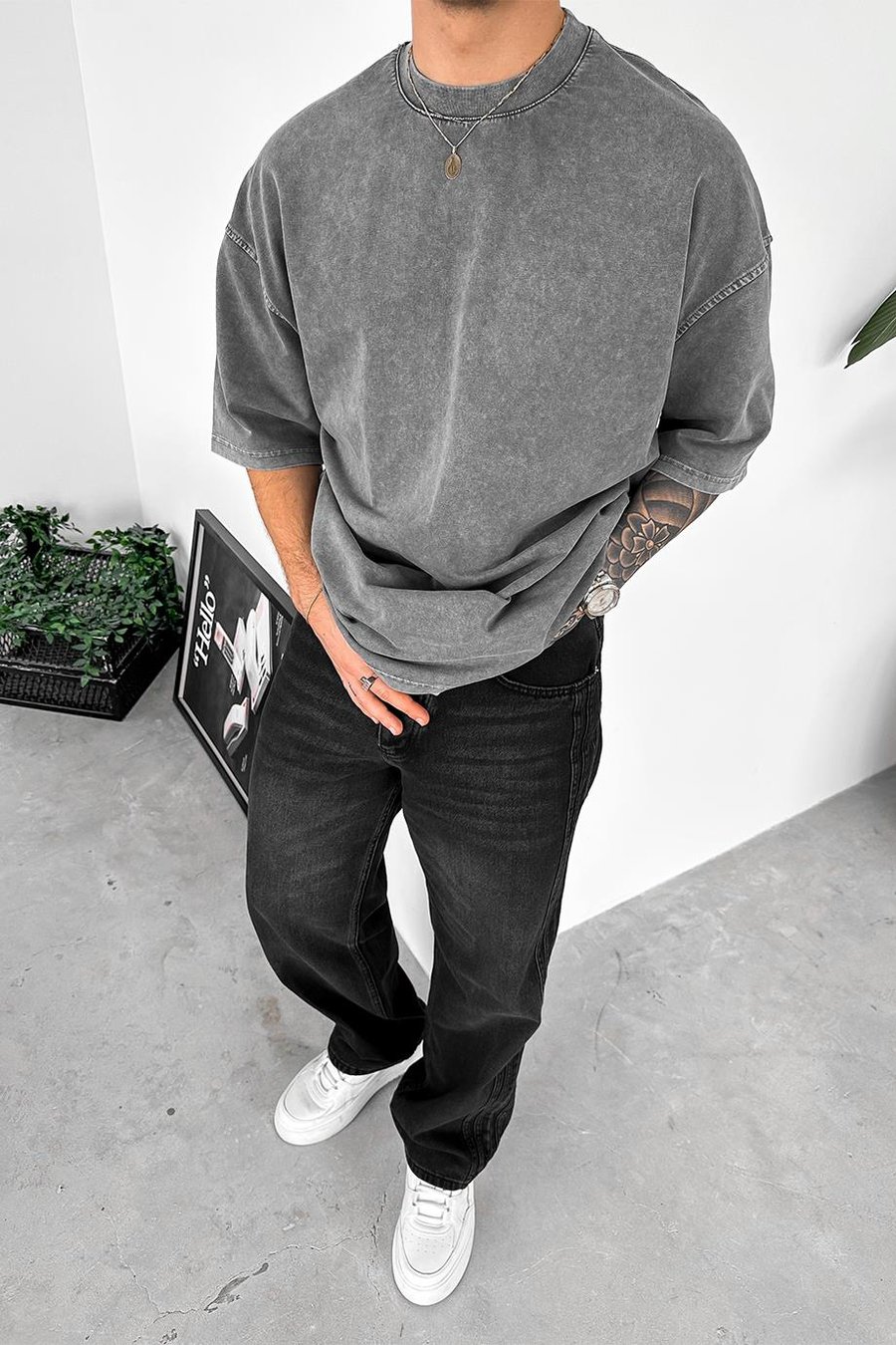 Gri Acid Wash Basic Oversize Tişört