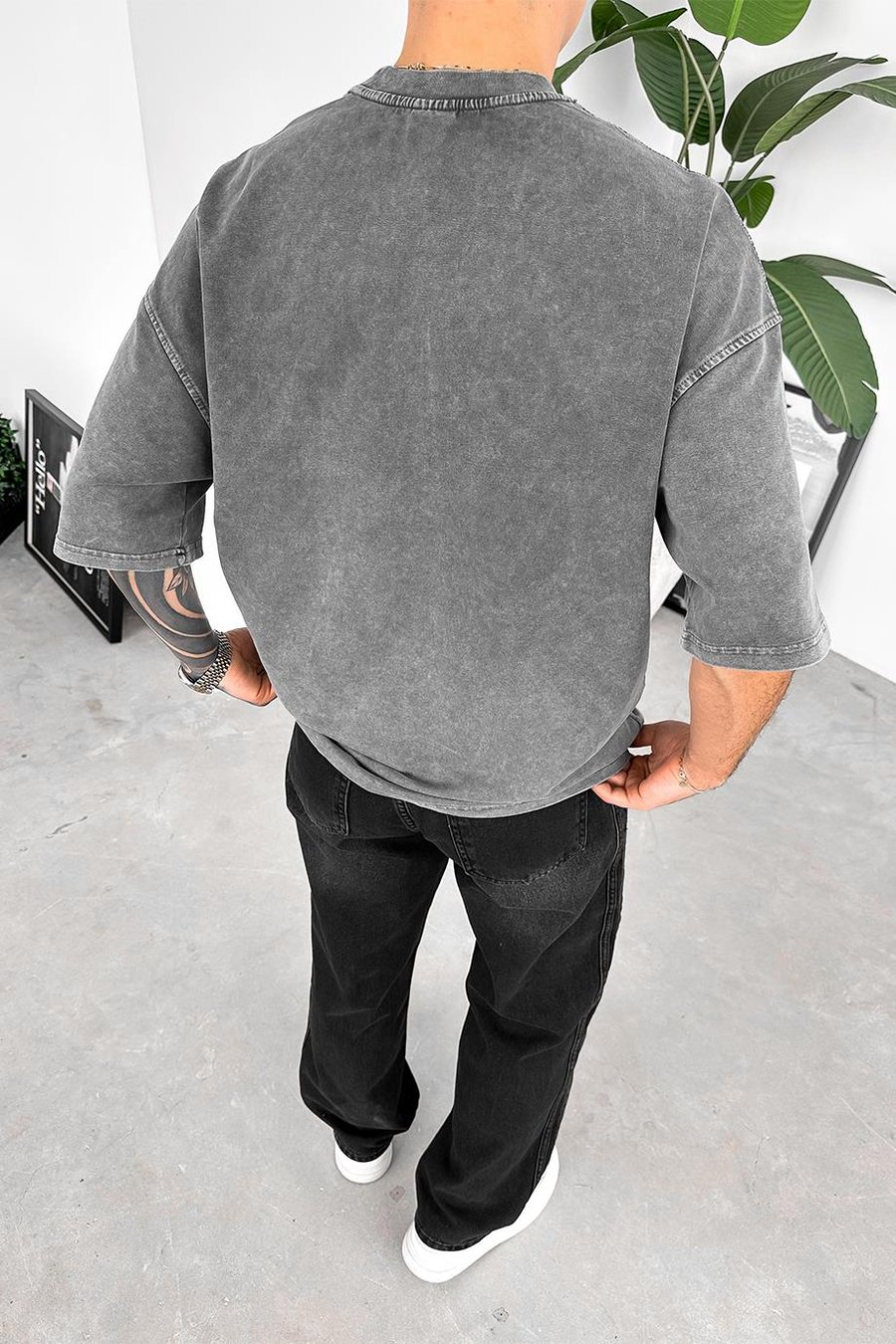 Gri Acid Wash Basic Oversize Tişört