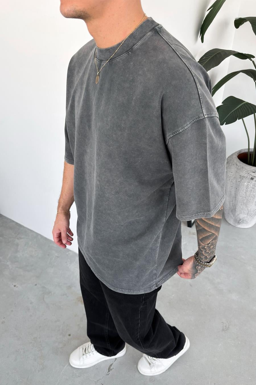 Gri Acid Wash Basic Oversize Tişört