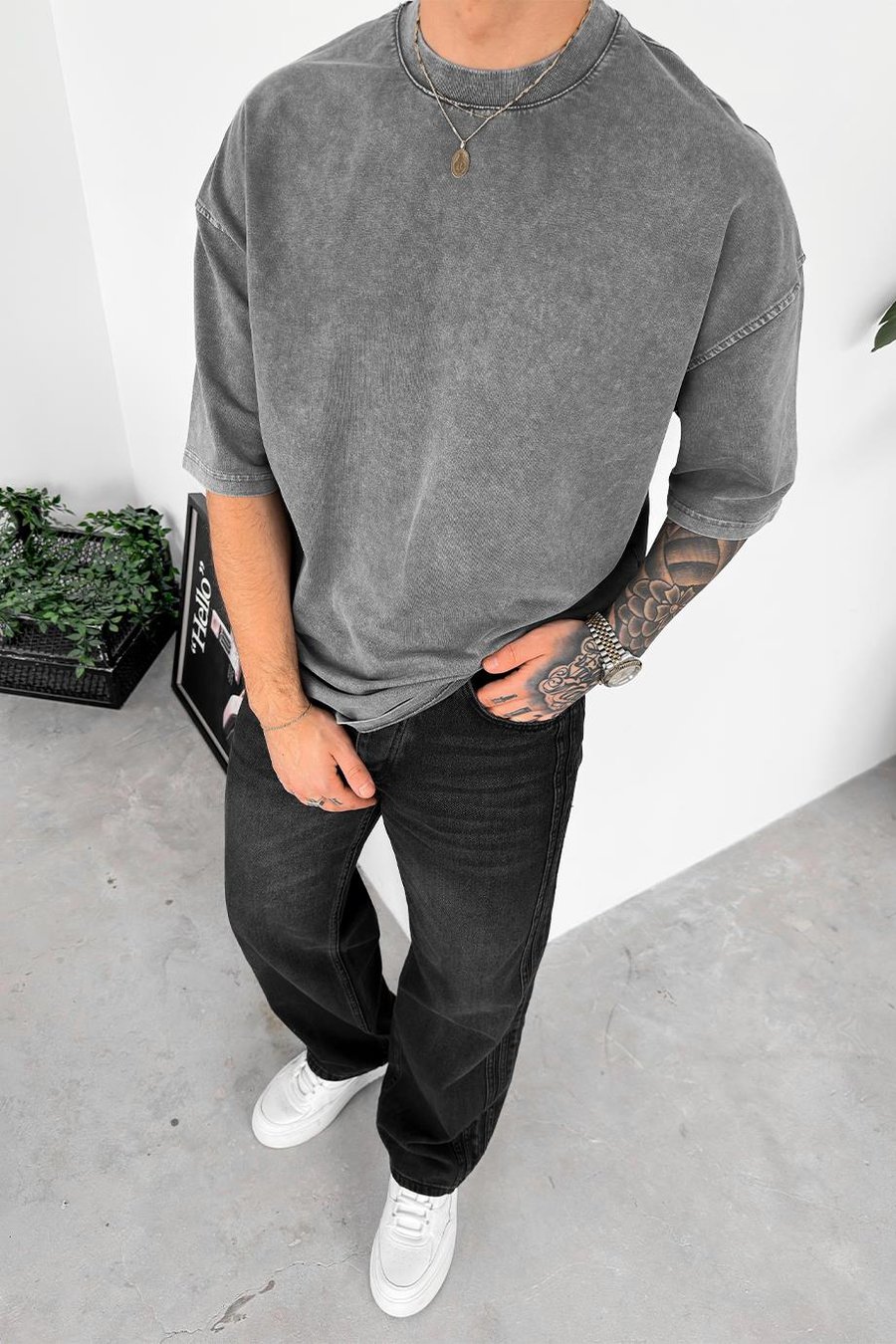 Gri Acid Wash Basic Oversize Tişört