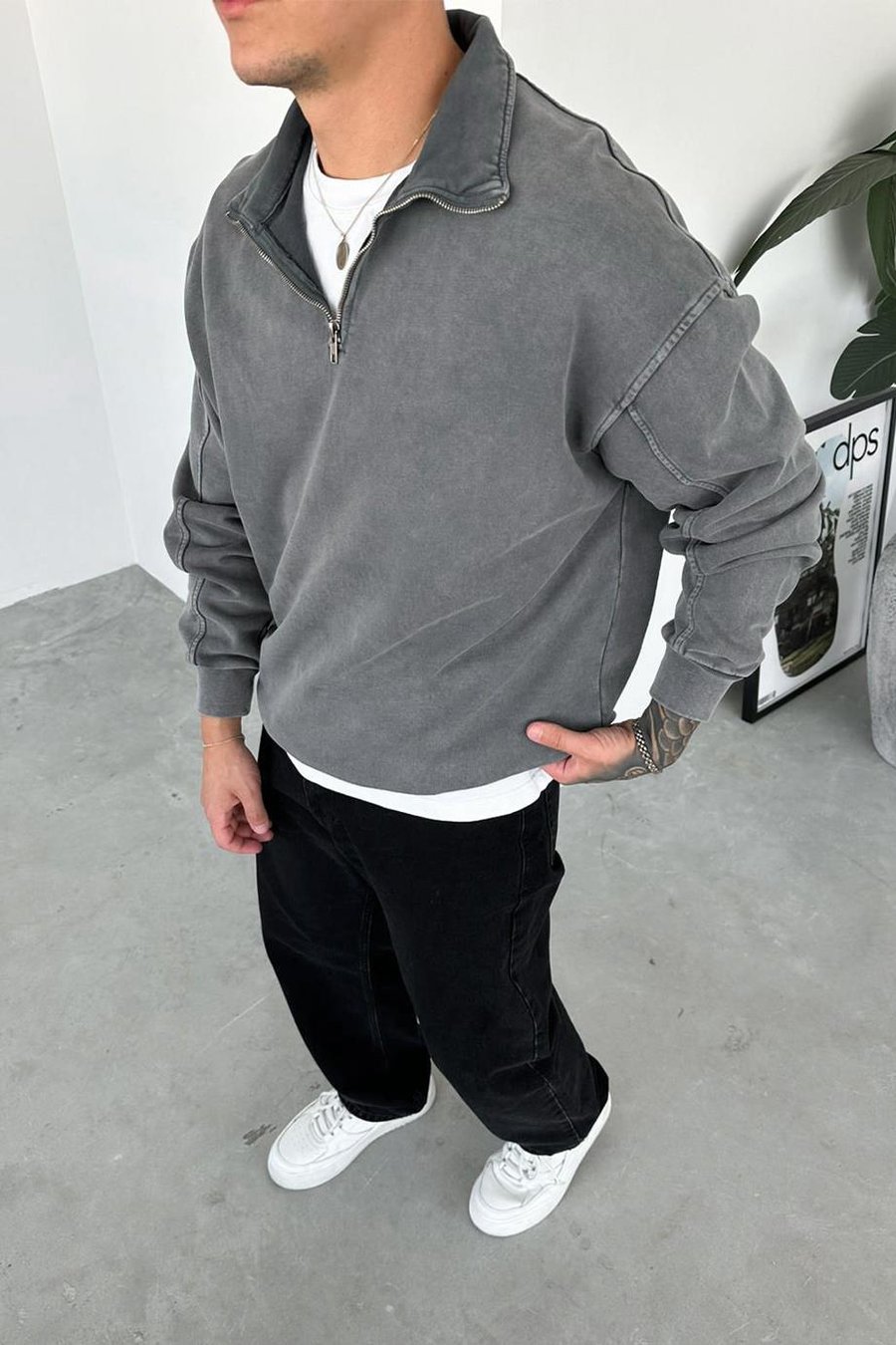 Gri Acid Wash Yarım Fermuar Oversize Sweatshirt