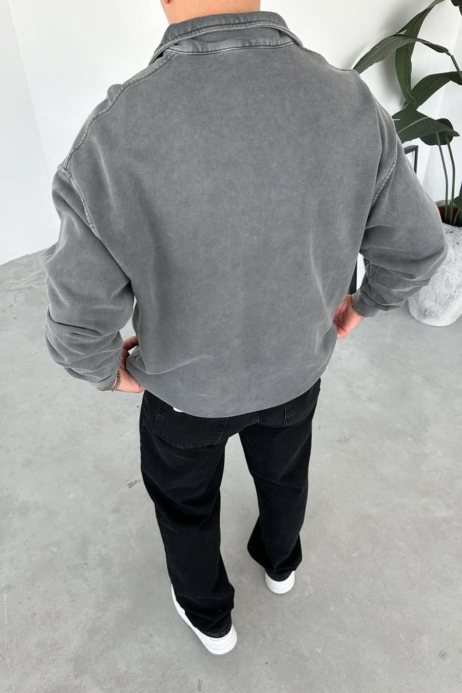 Gri Acid Wash Yarım Fermuar Oversize Sweatshirt