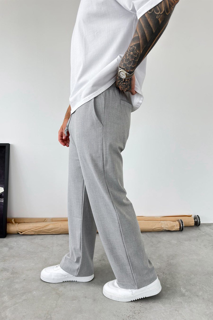 Gri Basic Beli Lastikli Baggy Kumaş Pantolon