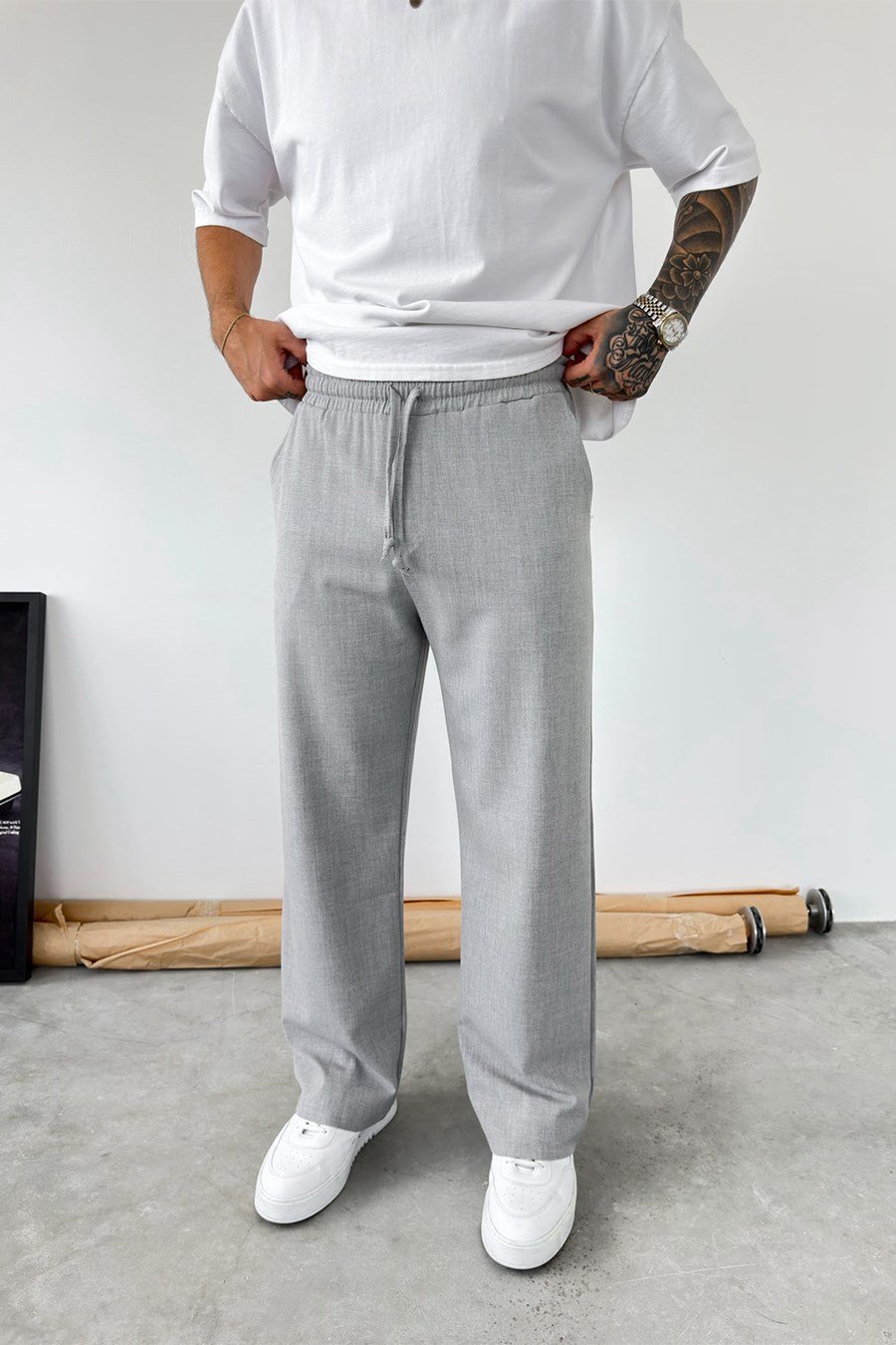 Gri Basic Beli Lastikli Baggy Kumaş Pantolon