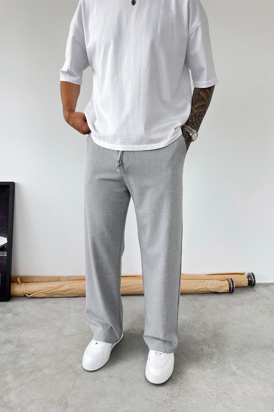 Gri Basic Beli Lastikli Baggy Kumaş Pantolon