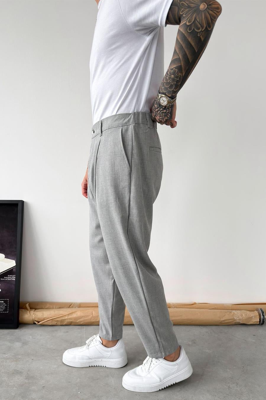 Gri Basic Boyfriend Kumaş Pantolon