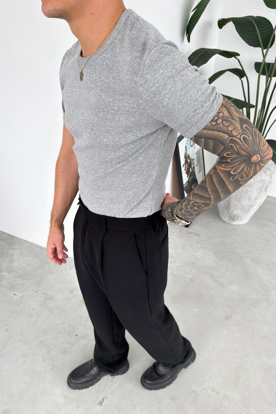 Gri Basic Fitilli Relax Fit Tişört