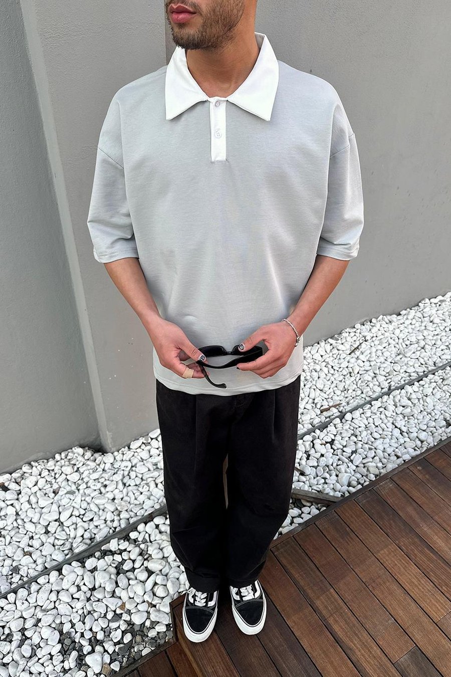 Gri Basic Polo Yaka OUTPLENTY PREMİUM Oversize Tişört