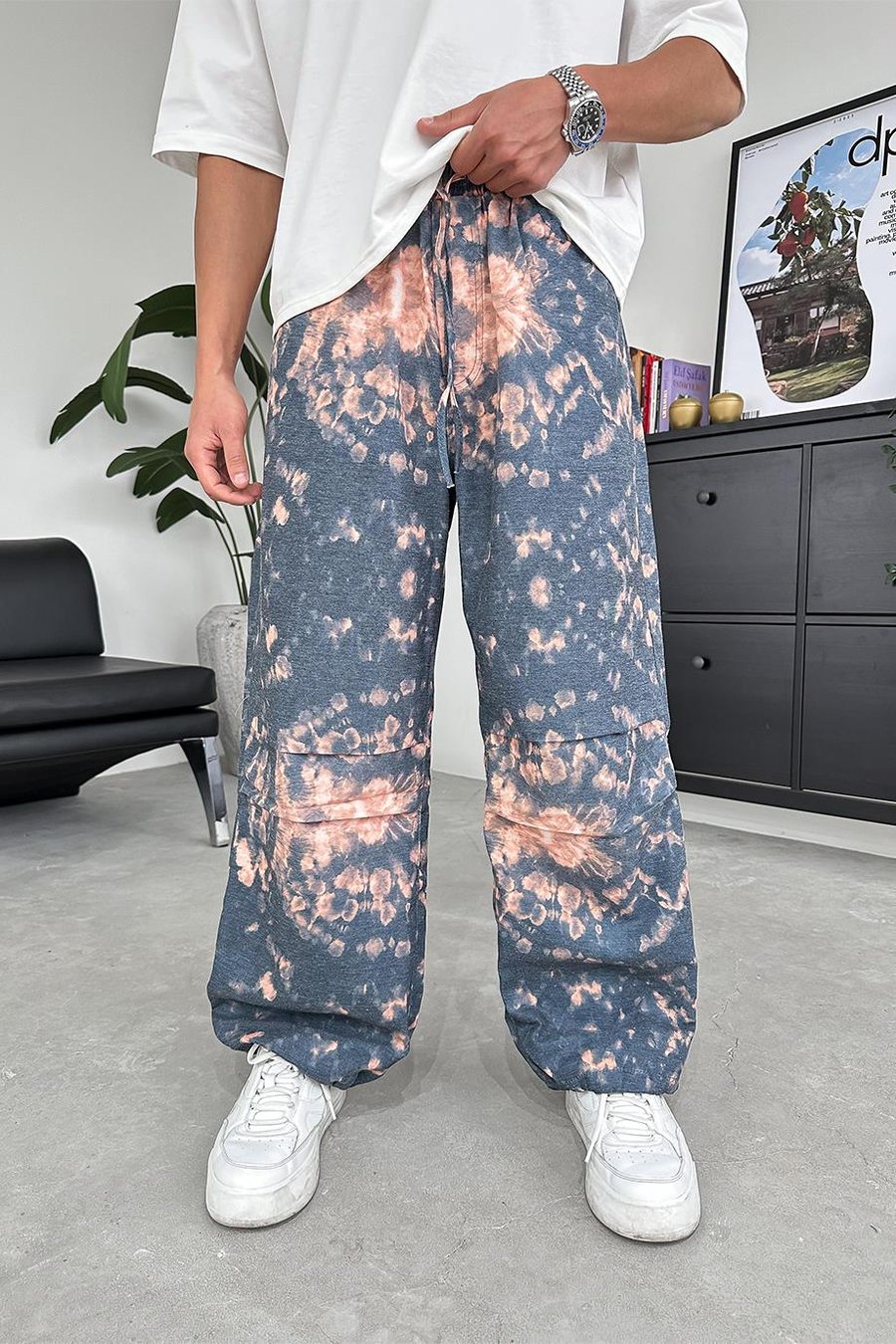 Gri Batik Desen Gri Turuncu Detay Stoper Ayarlanabilir Paça Baggy Pantolon