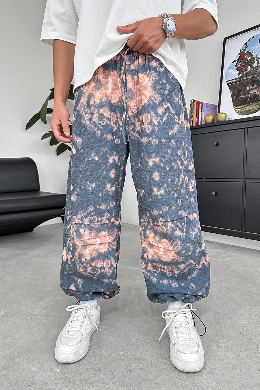 Gri Batik Desen Gri Turuncu Detay Stoper Ayarlanabilir Paça Baggy Pantolon