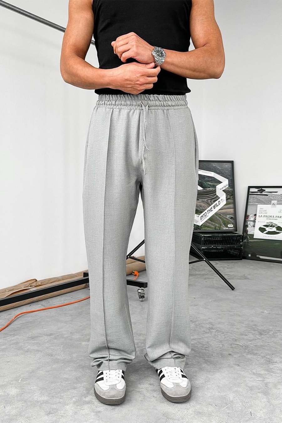 Gri Beli İpli Çımalı Relaxed Pantolon