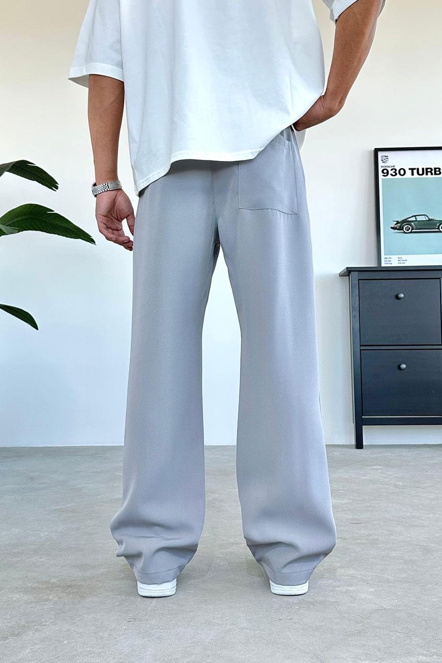 Gri Beli Lastikli Baggy Kumaş Pantolon
