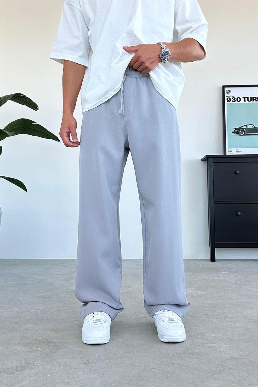 Gri Beli Lastikli Baggy Kumaş Pantolon