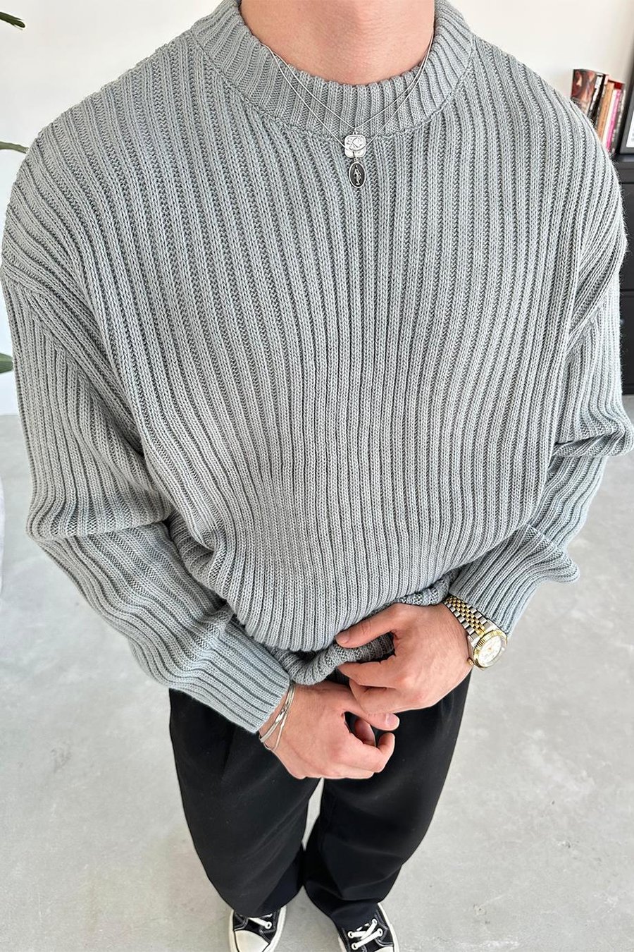 Gri Bisiklet Yaka Fitilli Oversize Triko Kazak